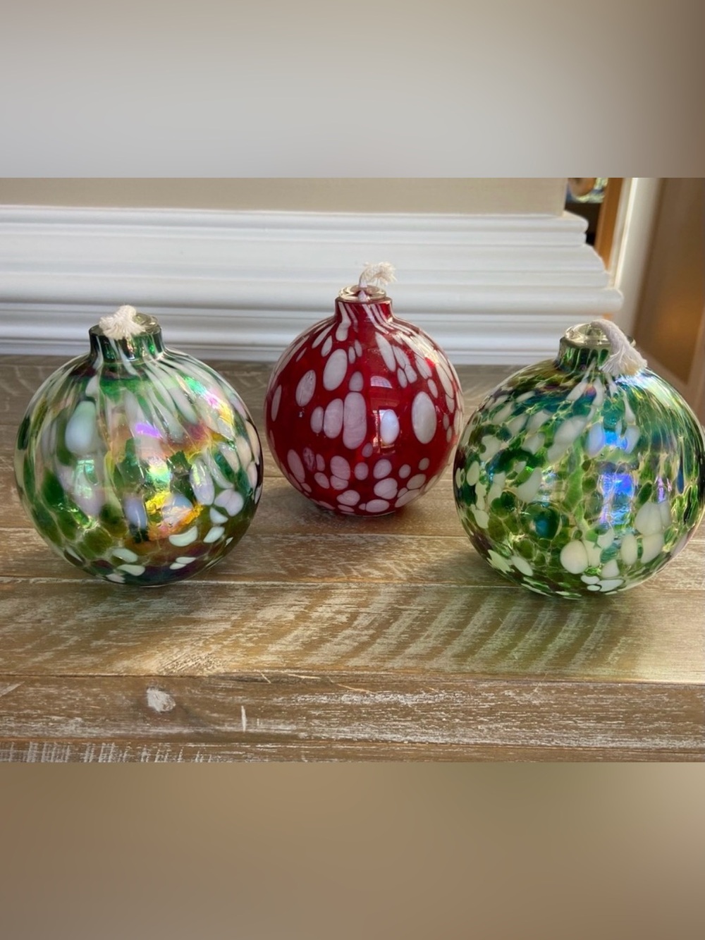 Pottery Barn Set 3 Artisan Oil Burning Glass Candles Red Green Flickering Glow